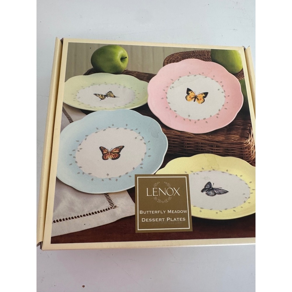 Lenox Butterfly Meadow Dessert Plates Set of 4 Pastel Porcelain Louise Le Luyer